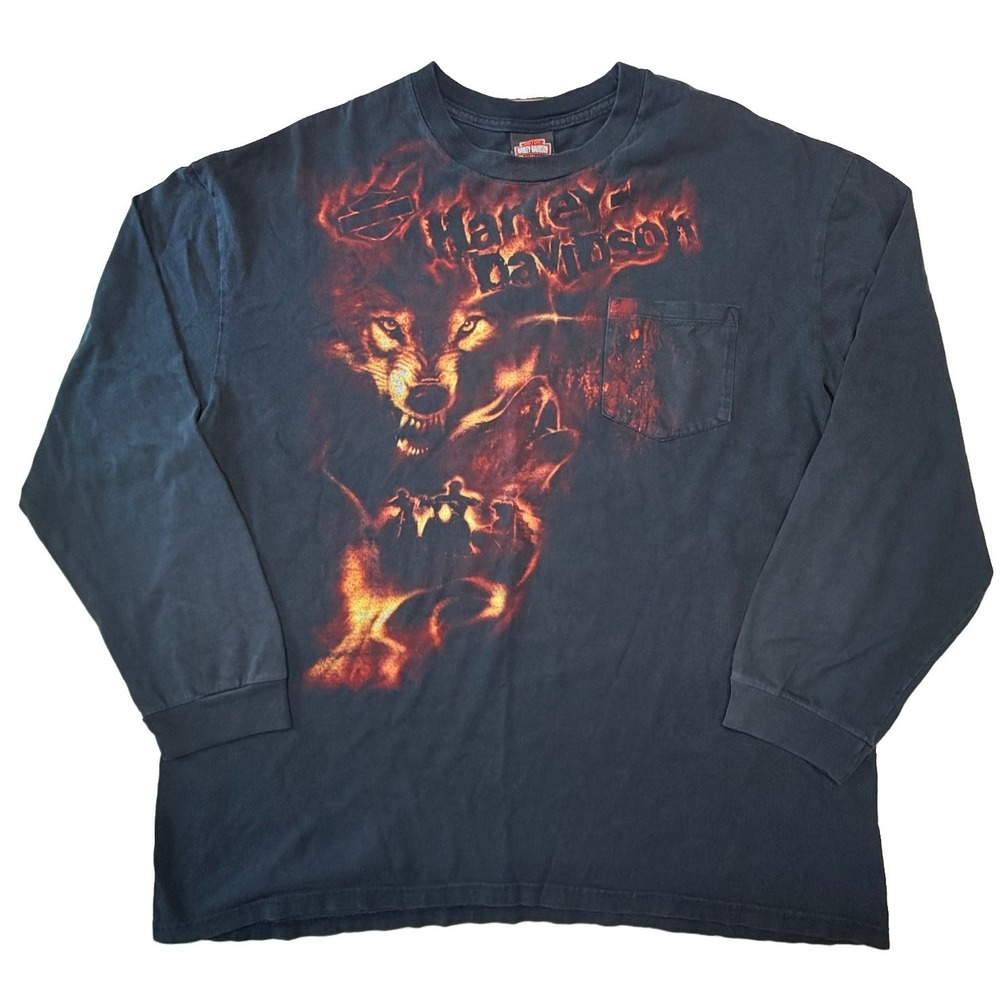 Harley Davidson 2009 Mens 2XL Wolf Long Sleeve Pocket T Shirt Orlando Biker
